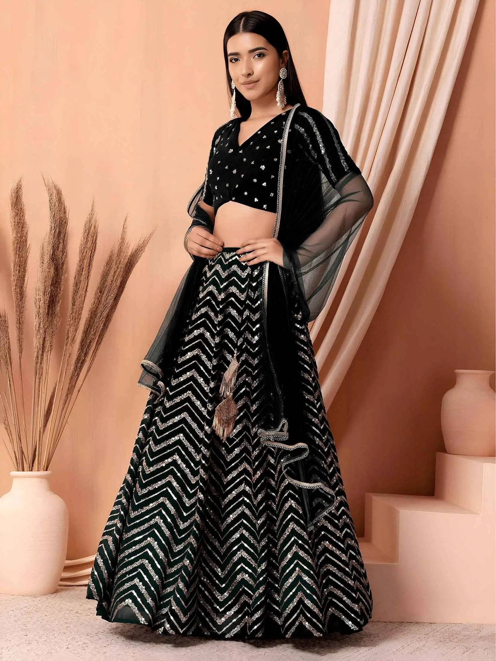 Black Sequins Zari Work Georgette Lehenga