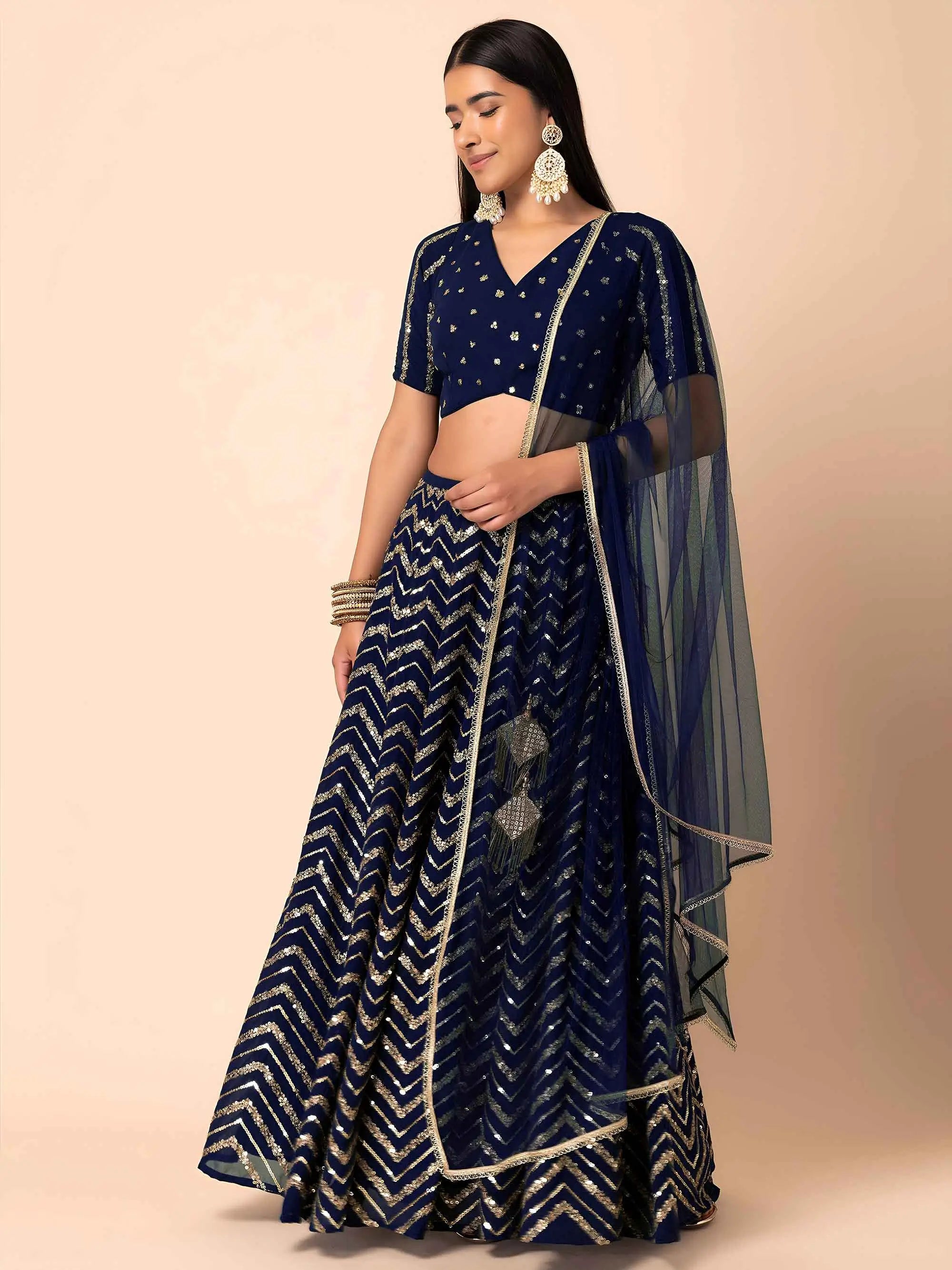 Navy Blue Sequins Zari Work Georgette Lehenga