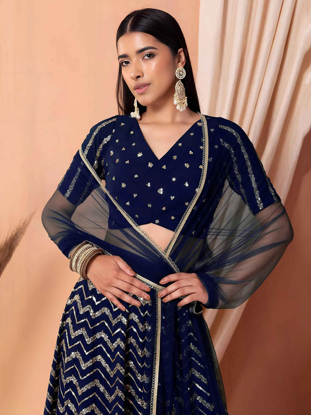 Navy Blue Sequins Zari Work Georgette Lehenga