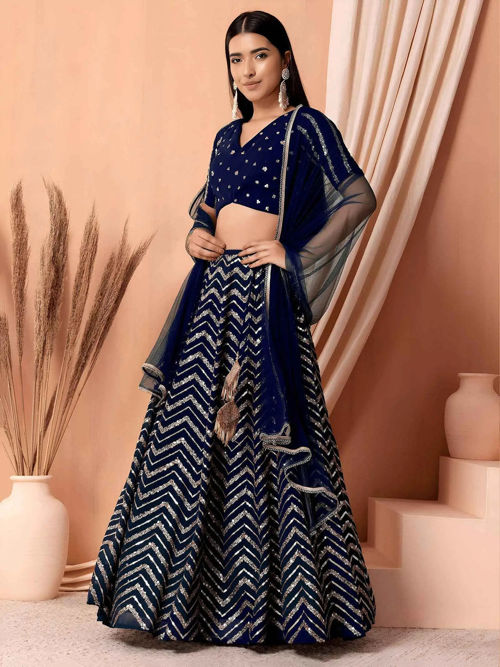 Navy Blue Sequins Zari Work Georgette Lehenga