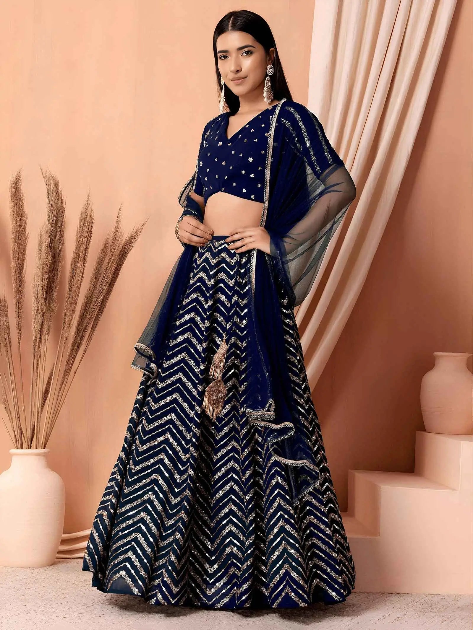 Navy Blue Sequins Zari Work Georgette Lehenga