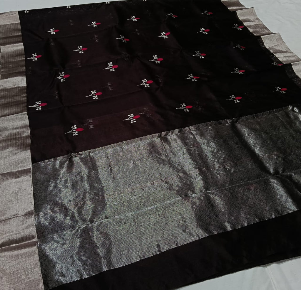 Dark Brown Chanderi Handloom Pattu Silk Eknal Buttas Meenakari Saree