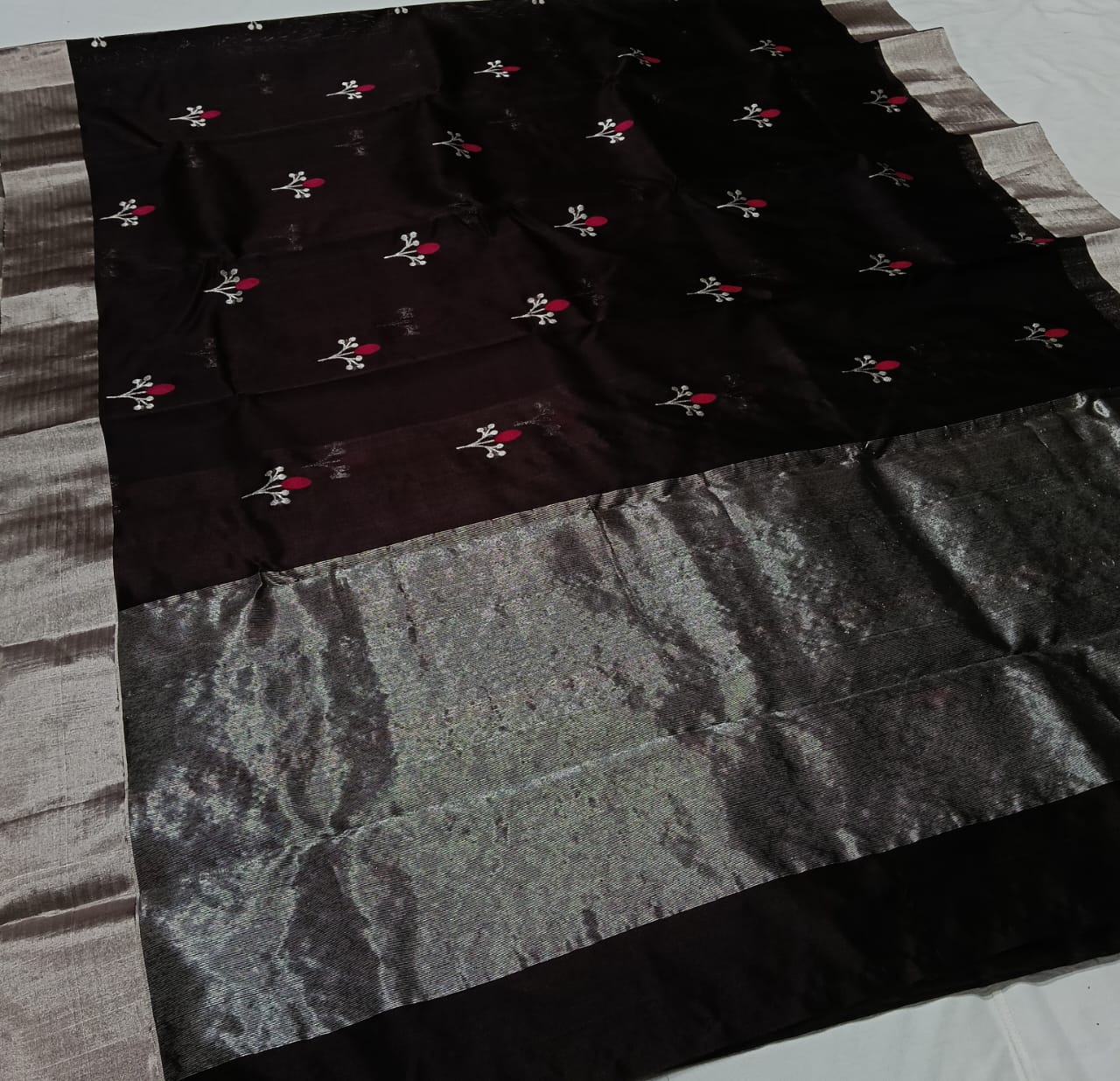 Dark Brown Chanderi Handloom Pattu Silk Eknal Buttas Meenakari Saree