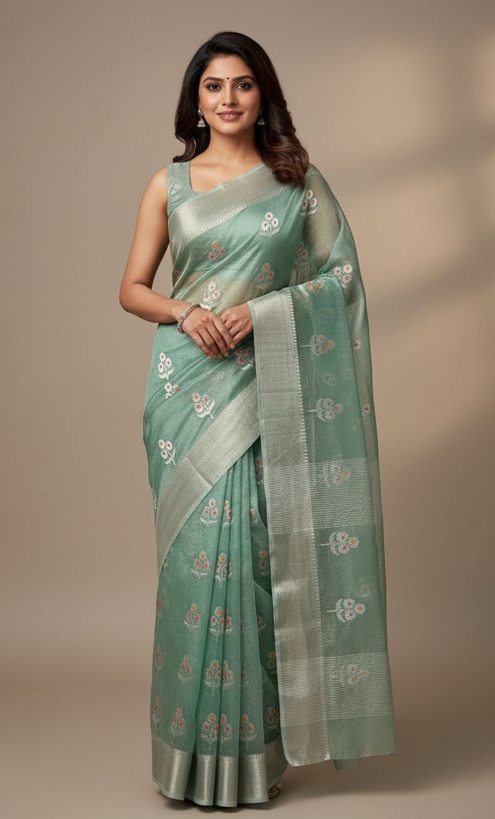 Powder Green Chanderi Handloom Katan Tissue Silk Meenakari Saree