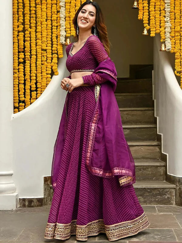 Wine Leheriya Georgette Lehenga with Zari Lace Work