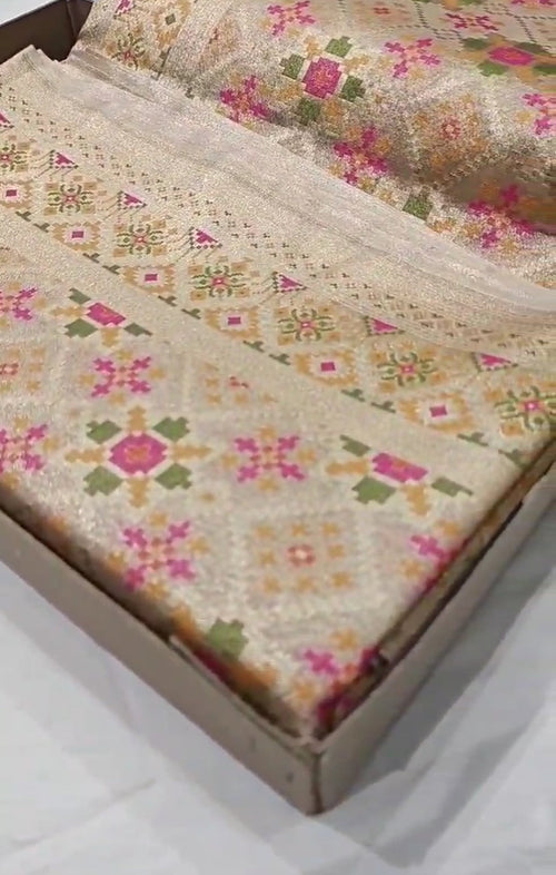 Cream Banarasi Soft Tissue Silk Meenakari Saree