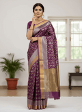 Lilac Chanderi Handloom Pattu Silk Shikargah Handwork Saree