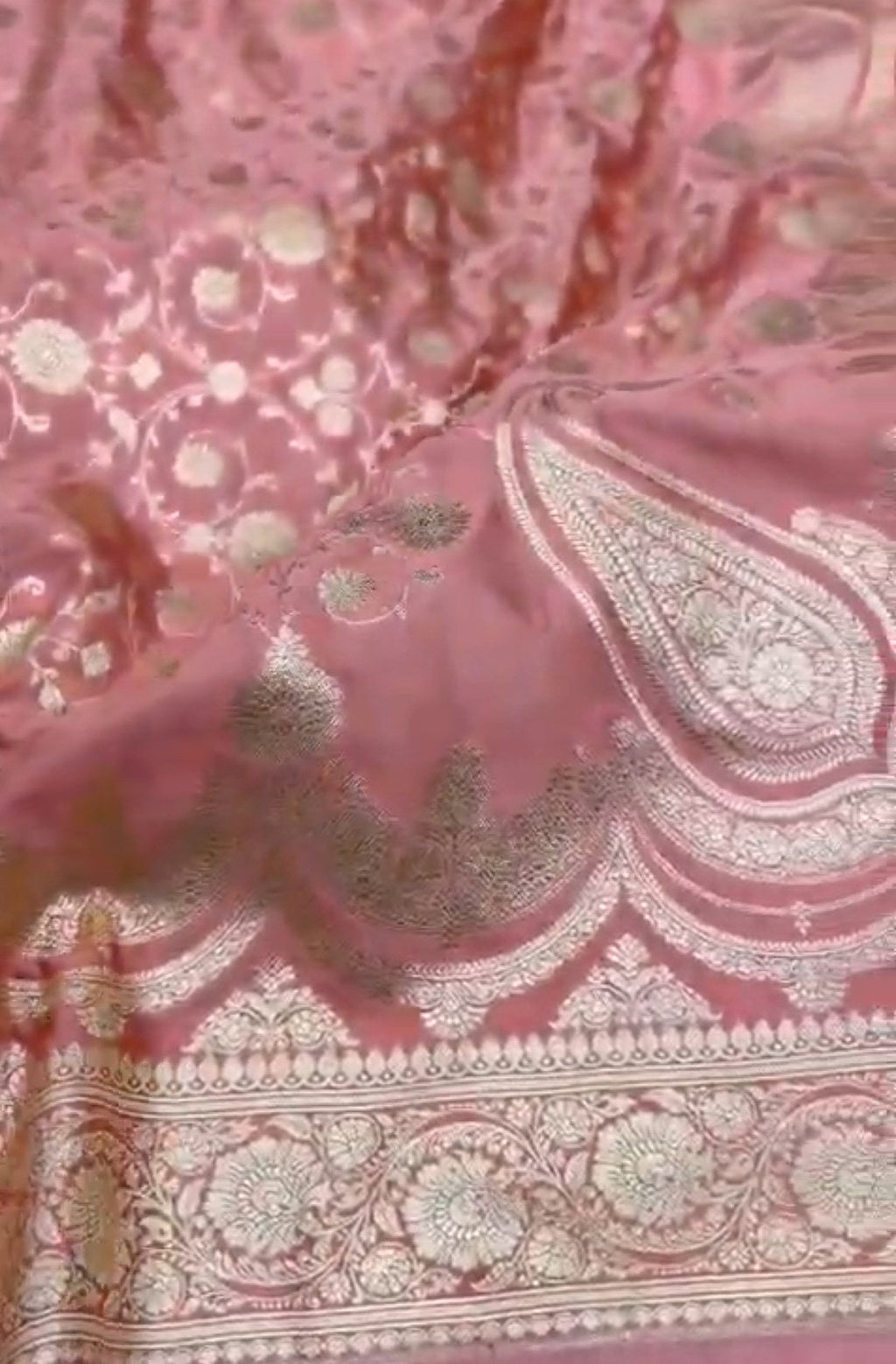 Peach Banarasi Mashru Soft Silk Jangla Saree