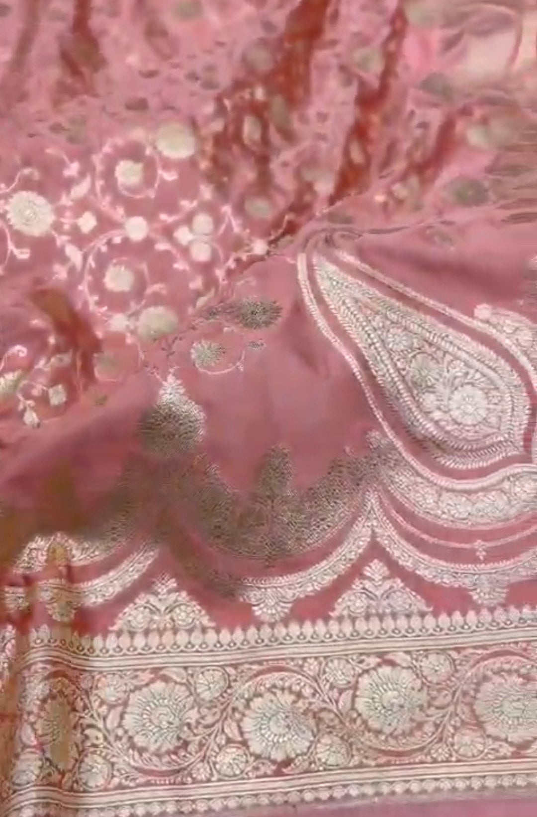 Peach Banarasi Mashru Soft Silk Jangla Saree
