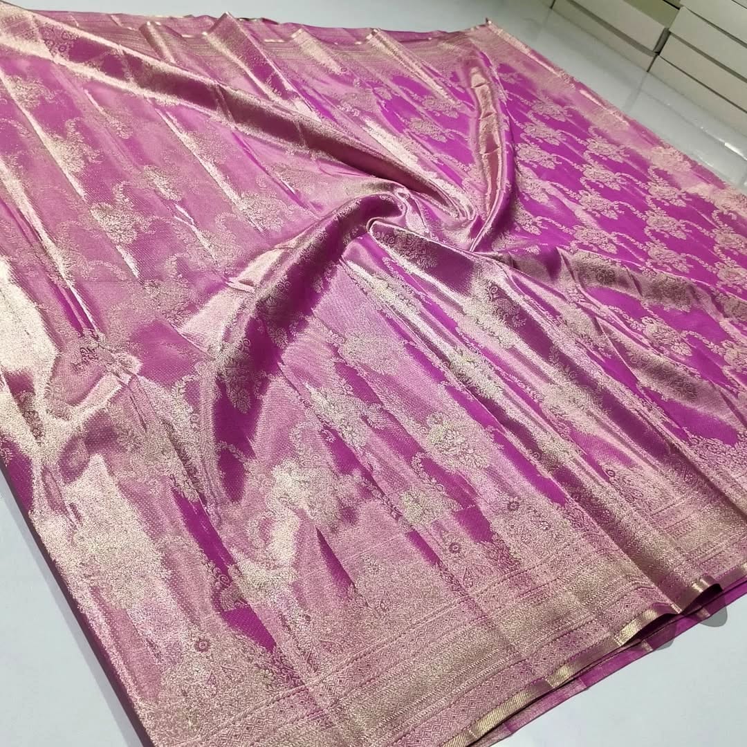 Onion Pink Kanchipuram Handloom Tissue Brocade Silk Saree