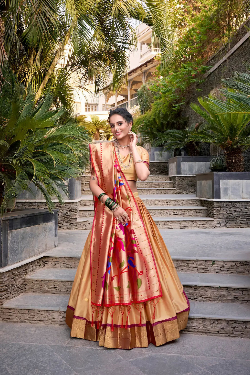 Elegant Beige Jacquard Silk Paithani Lehenga Choli with Zari Weaving
