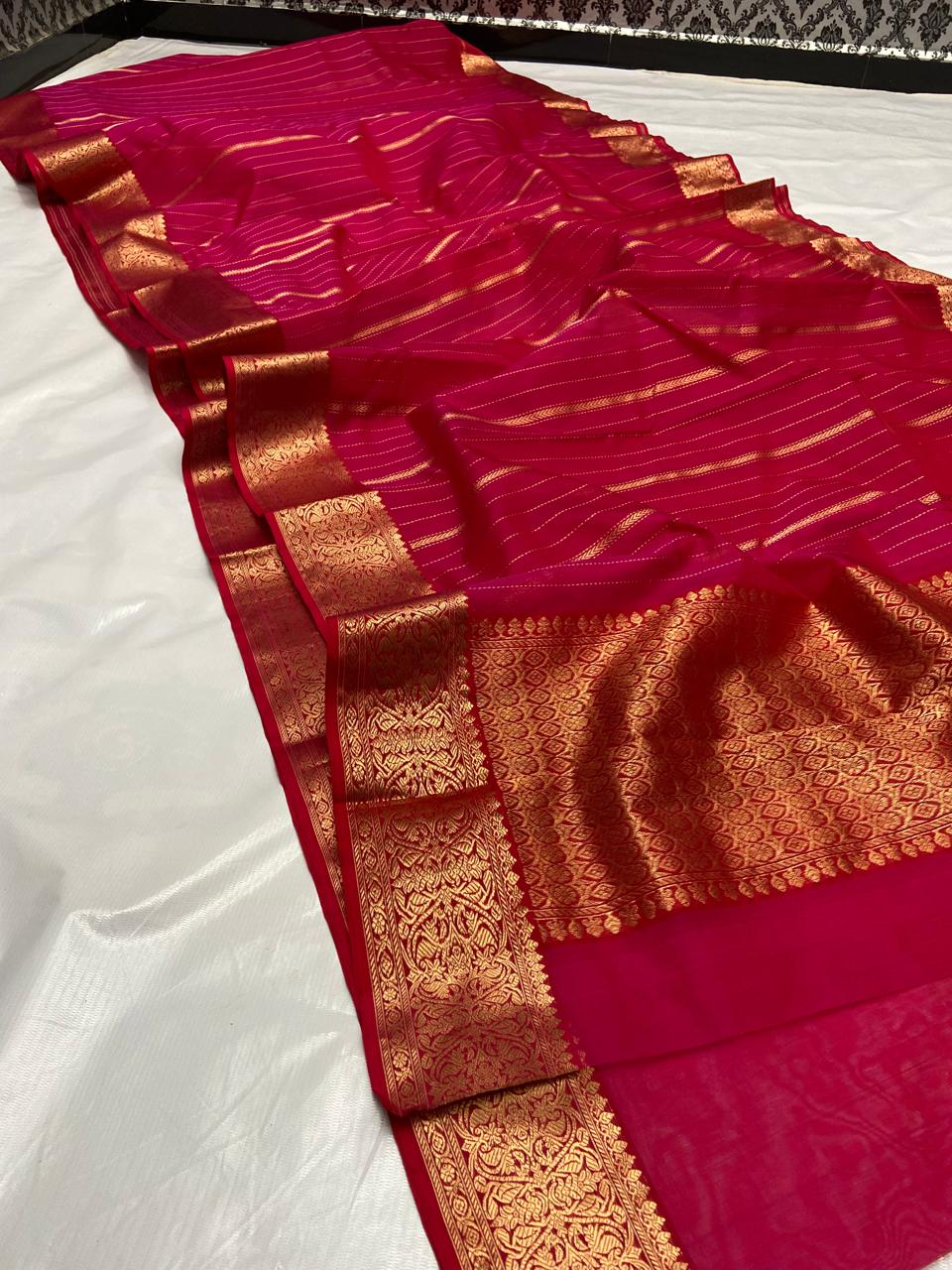 Dark Pink Chanderi Handloom Katan Silk Nakshi Saree