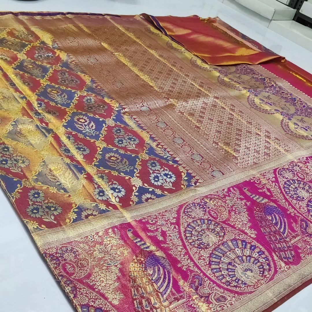 Hot Pink Kanchipuram Handloom Tissue Brocade Meenakari Silk Saree