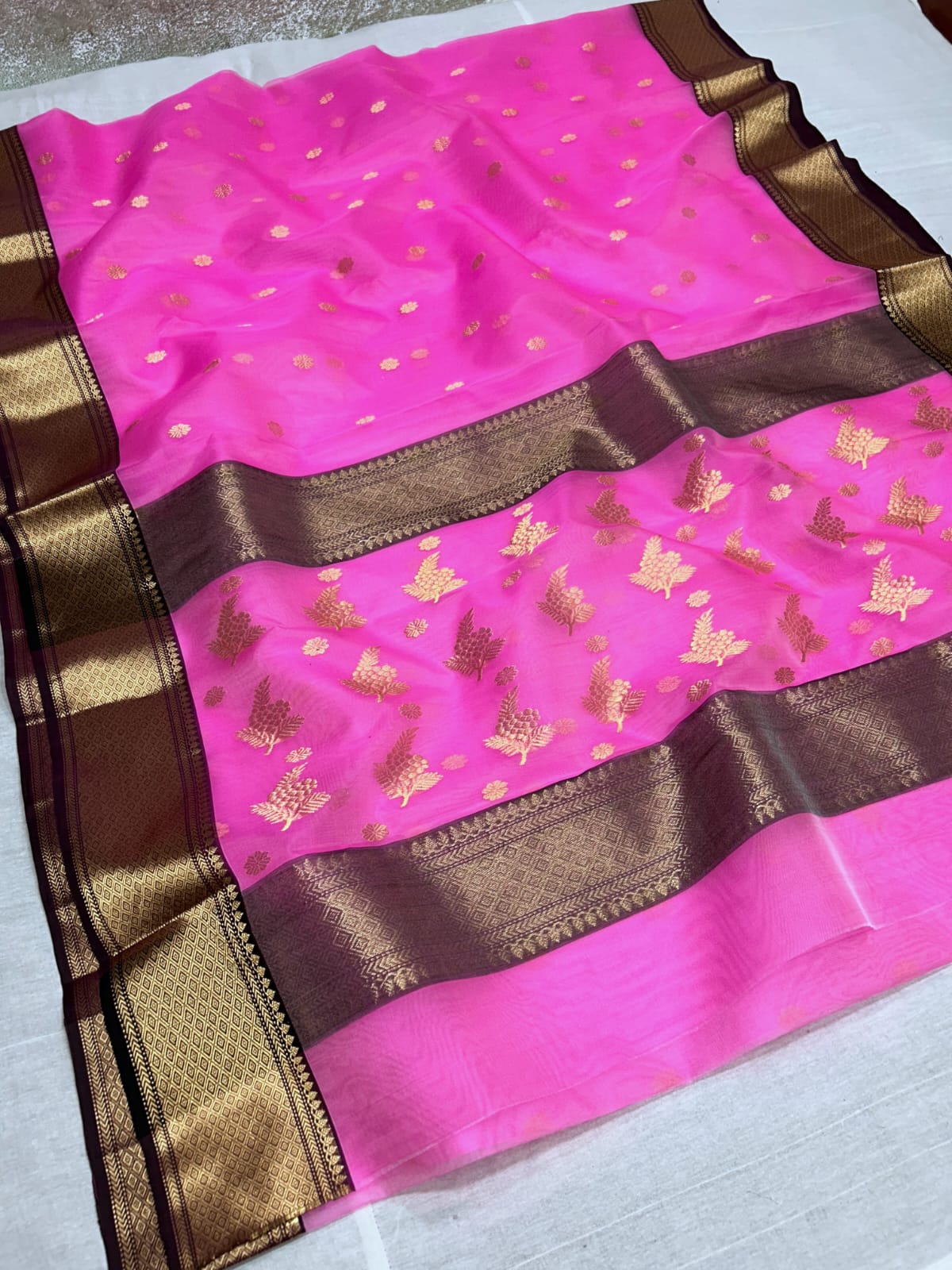 Hot Pink Chanderi Handloom Katan Silk Nakshi Saree