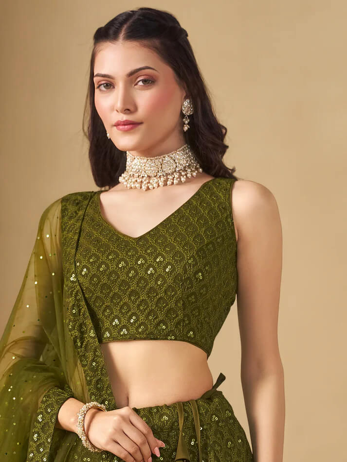 Mehendi Green Designer Lehenga with Sequins Embroidery