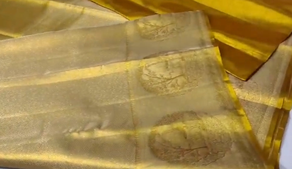 Gold Kanchipuram Handloom Tissue Brocade Silk Meenakari Saree