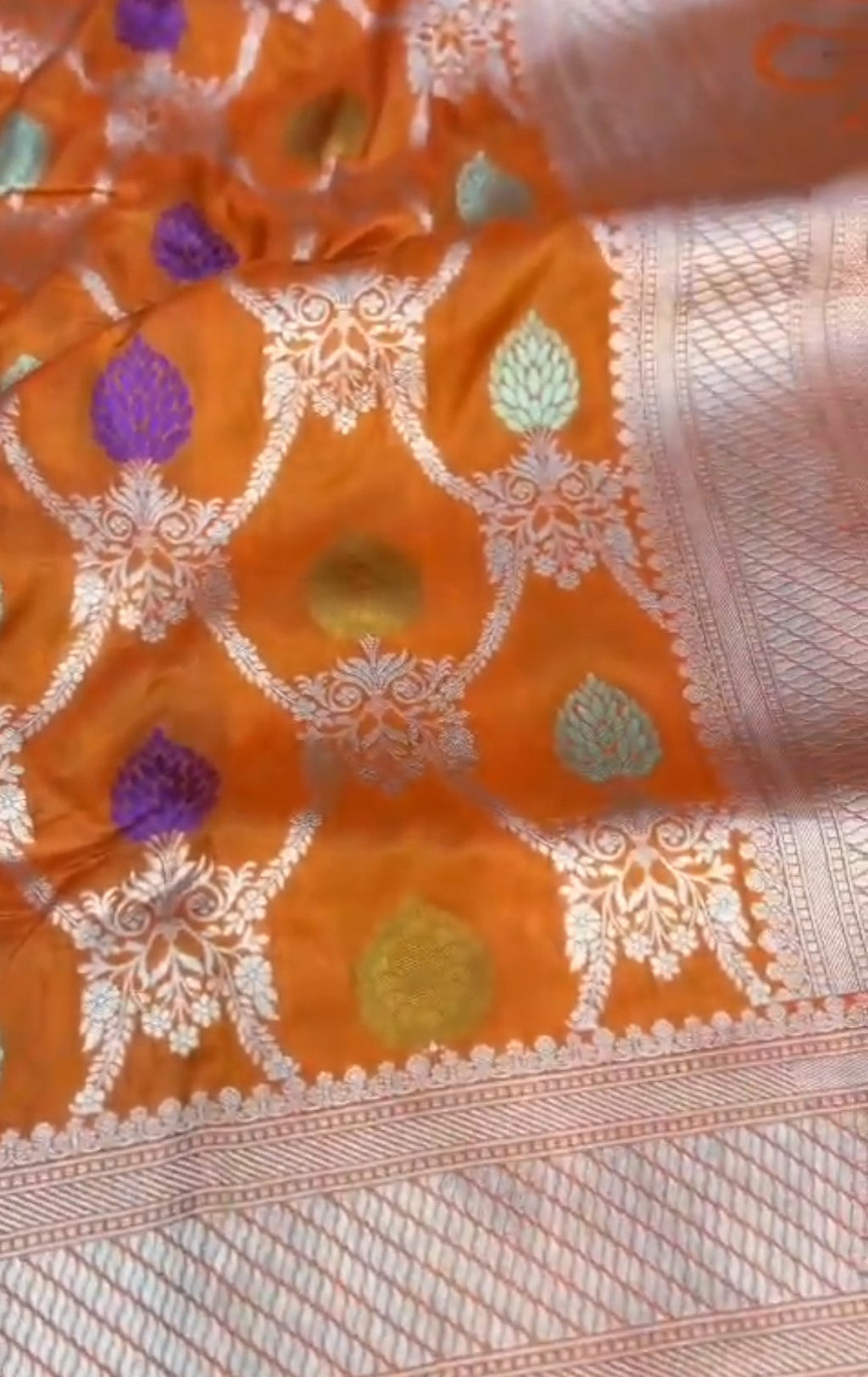 Orange Banarasi Handloom Katan Silk Meenakari Saree