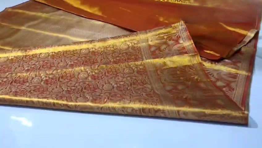 Orange Kanchipuram Handloom Tissue Brocade Silk Saree