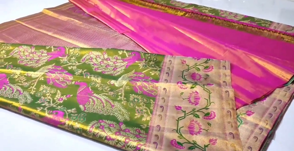 Green Kanchipuram Handloom Tissue Brocade Paithani Silk Saree