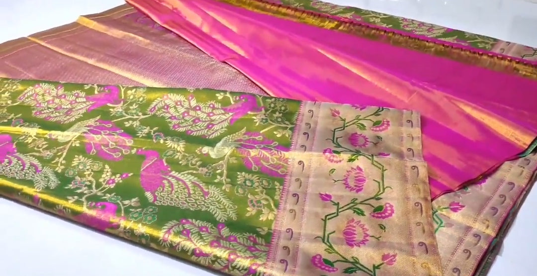 Green Kanchipuram Handloom Tissue Brocade Paithani Silk Saree