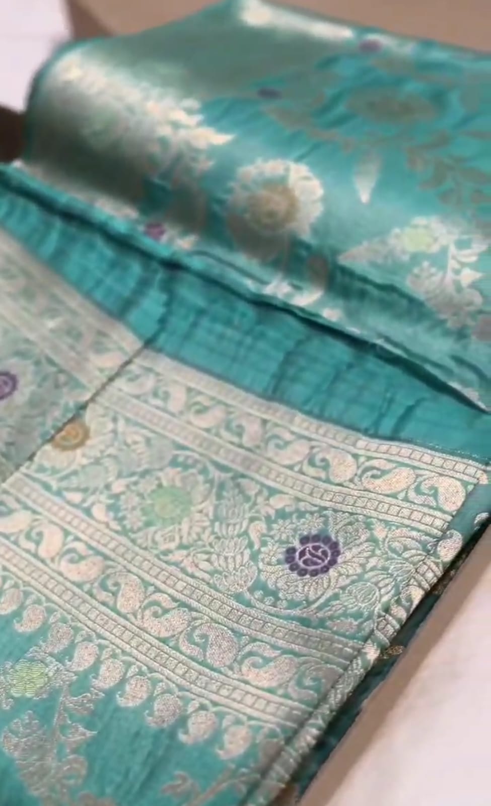 Dual Tone Turquoise Banarasi Handloom Katan Silk Meenakari Saree