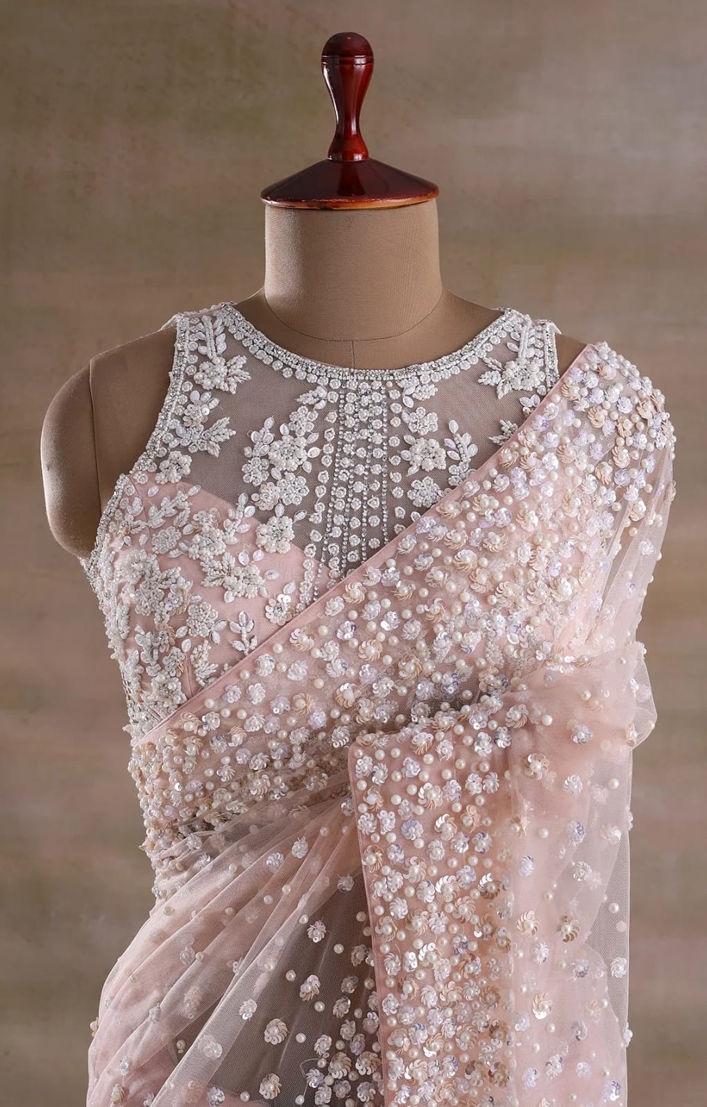 Baby Pink Hand Embroidered Satin Net Saree