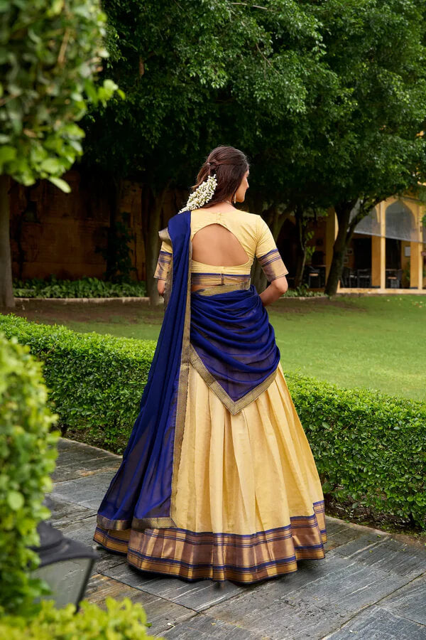 Traditional Zari Weaving Kanchipuram Lehenga in Beige & Blue