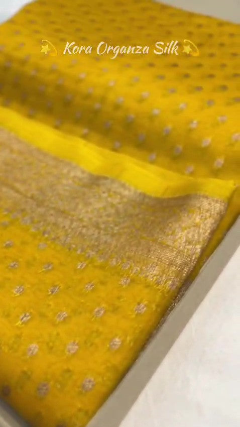 Yellow Banarasi Handloom Kora Organza Silk Saree