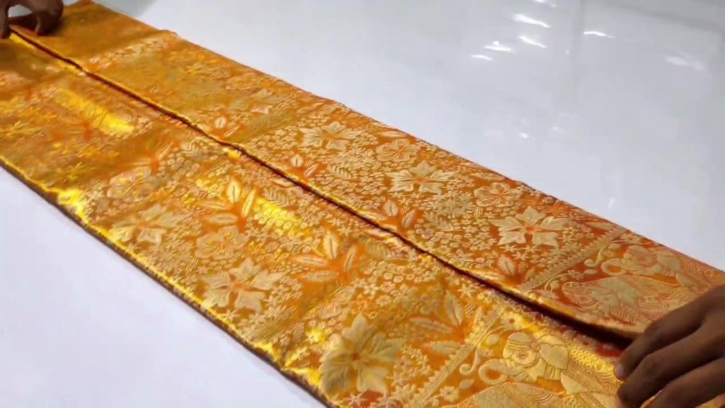 Orange Kanchipuram håndvævet vævsbrokade silkesari