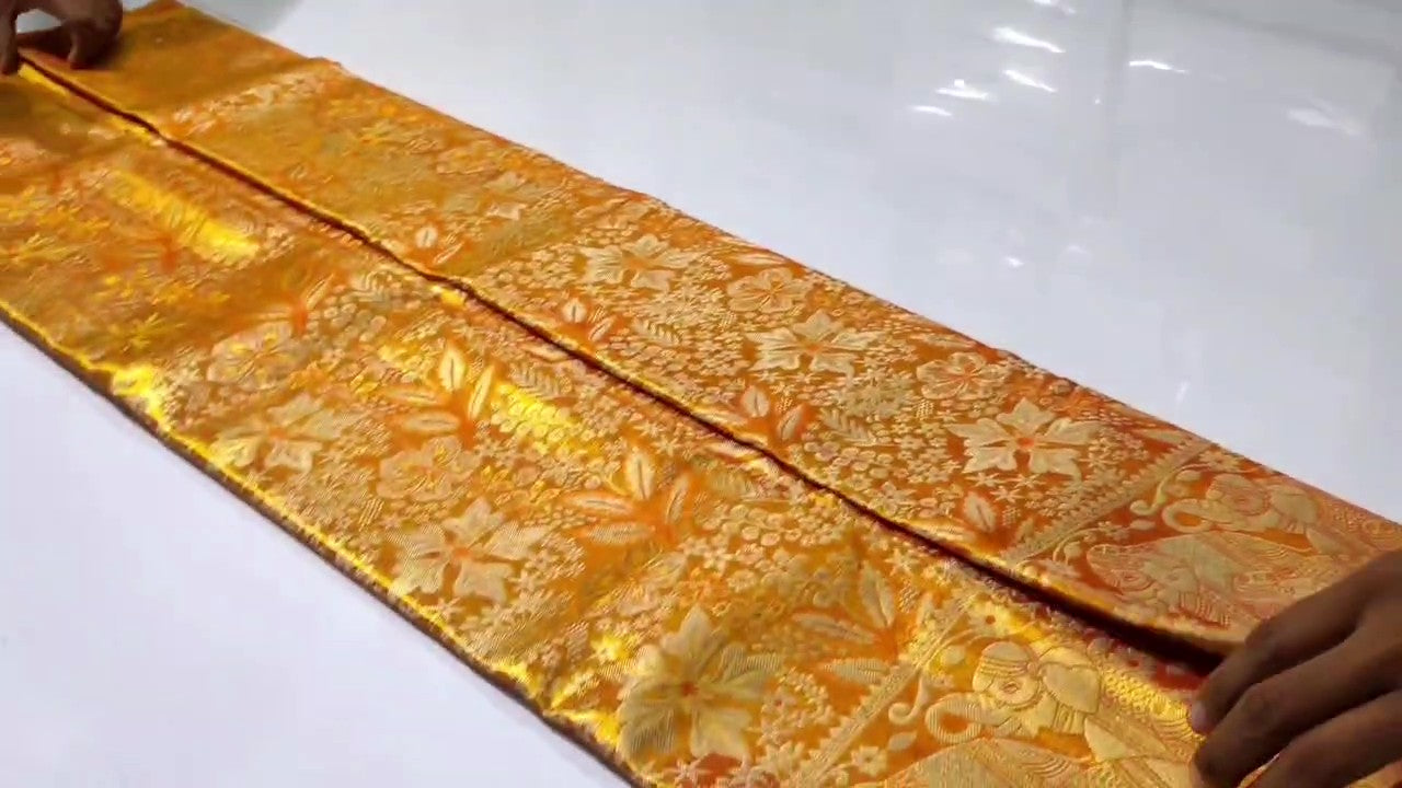 Orange Kanchipuram håndvævet vævsbrokade silkesari
