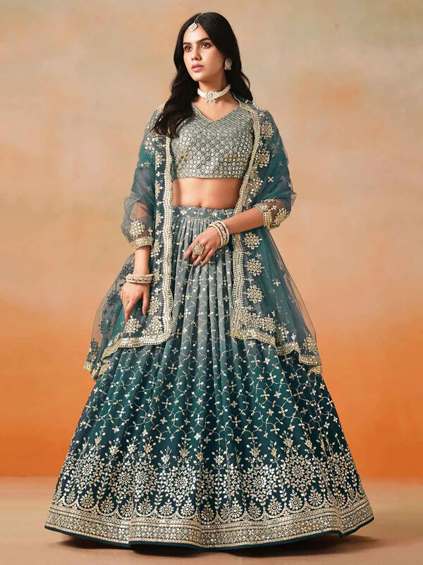 Blue-Grey Gradient Georgette Lehenga with Zari & Sequins