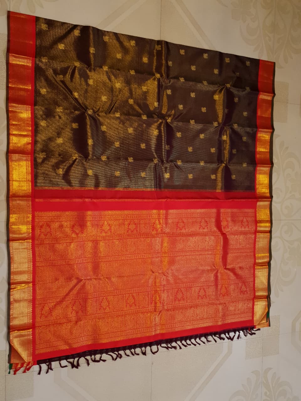 Wine Kanchipuram Handloom 3G Gold Vairaoosi Korvai Silk Saree