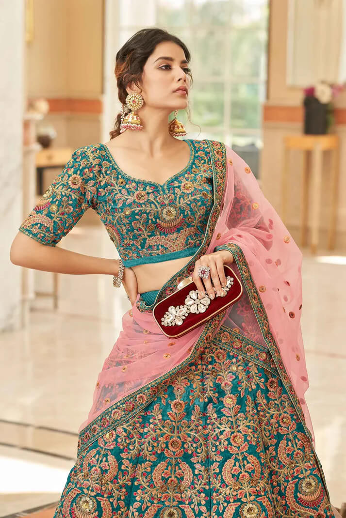 Blue Velvet Lehenga with Thread, Zari & Sequins Work