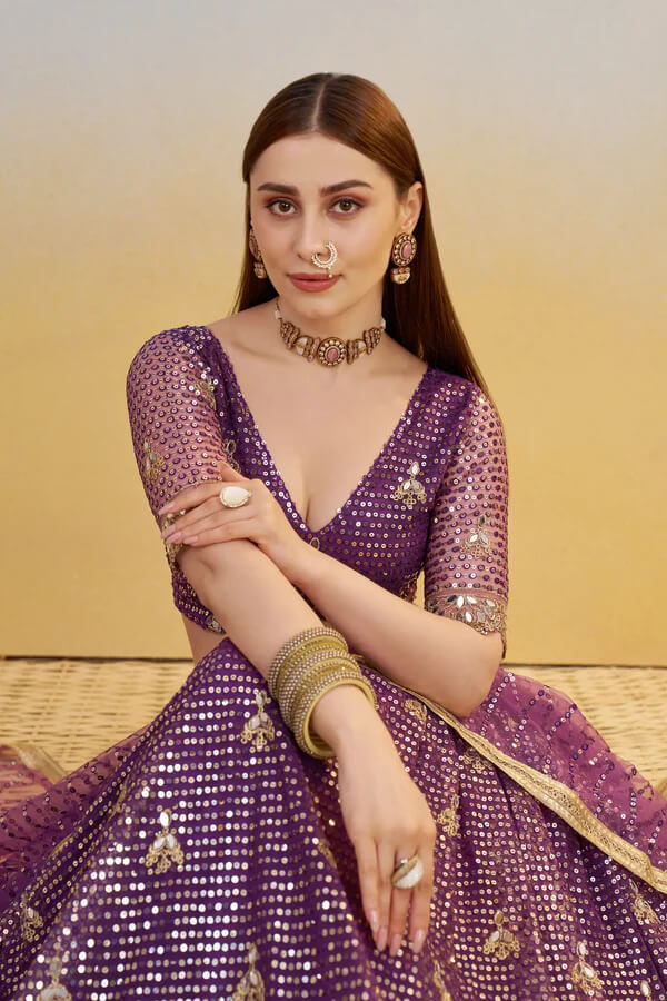 Glamorous Dark Purple Net Lehenga Choli for Weddings