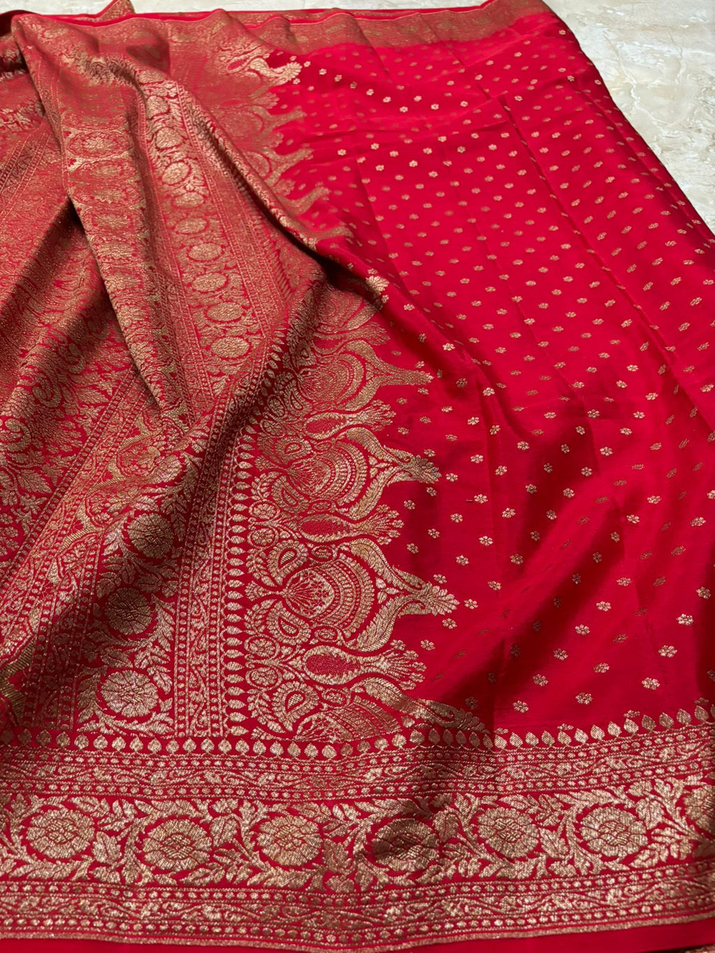 Red Banarasi Handloom Antique Zari Georgette Crepe Silk Saree