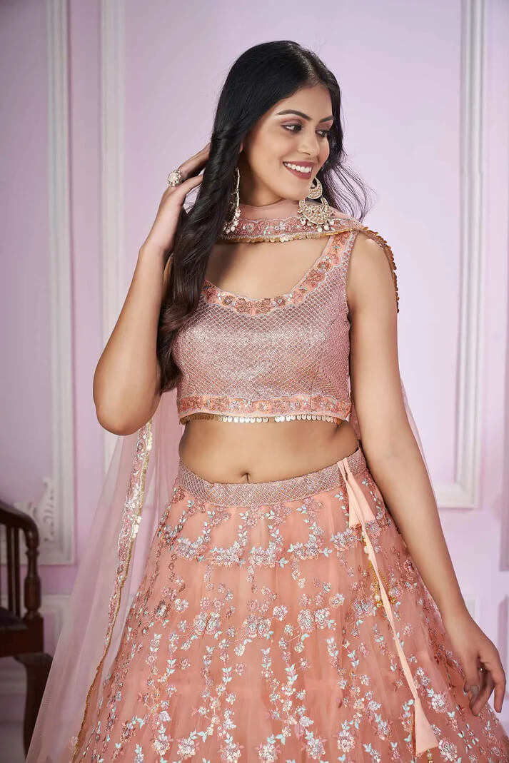 Peach Soft Net Lehenga with Sequins & Zari Embroidery