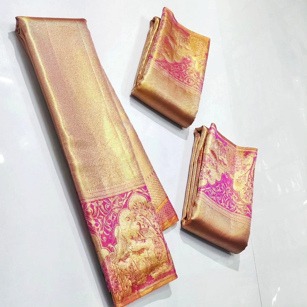 Gold & Hot Pink Kanchipuram Handloom Tissue Brocade Meenakari Silk Saree