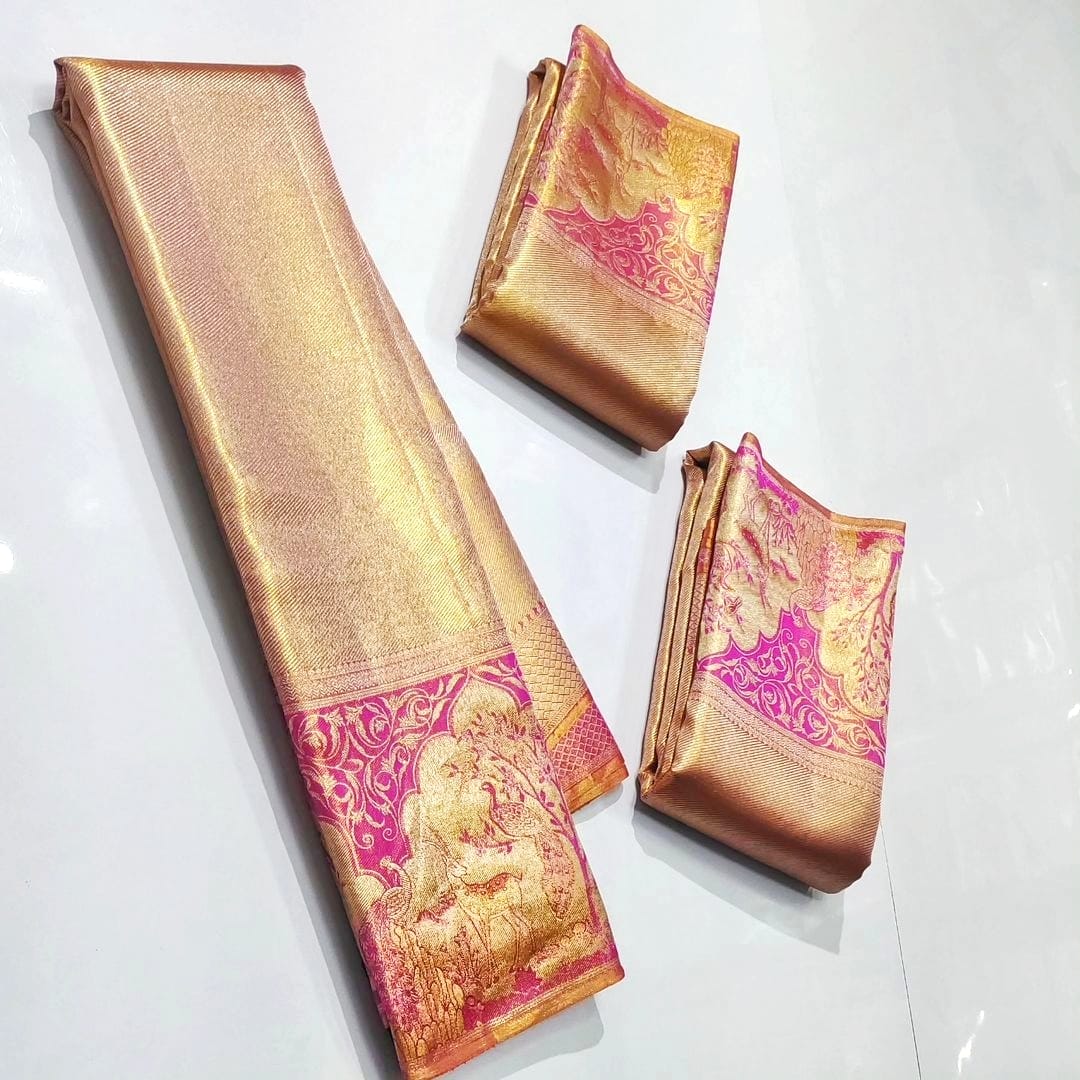 Gold & Hot Pink Kanchipuram Handloom Tissue Brocade Meenakari Silk Saree