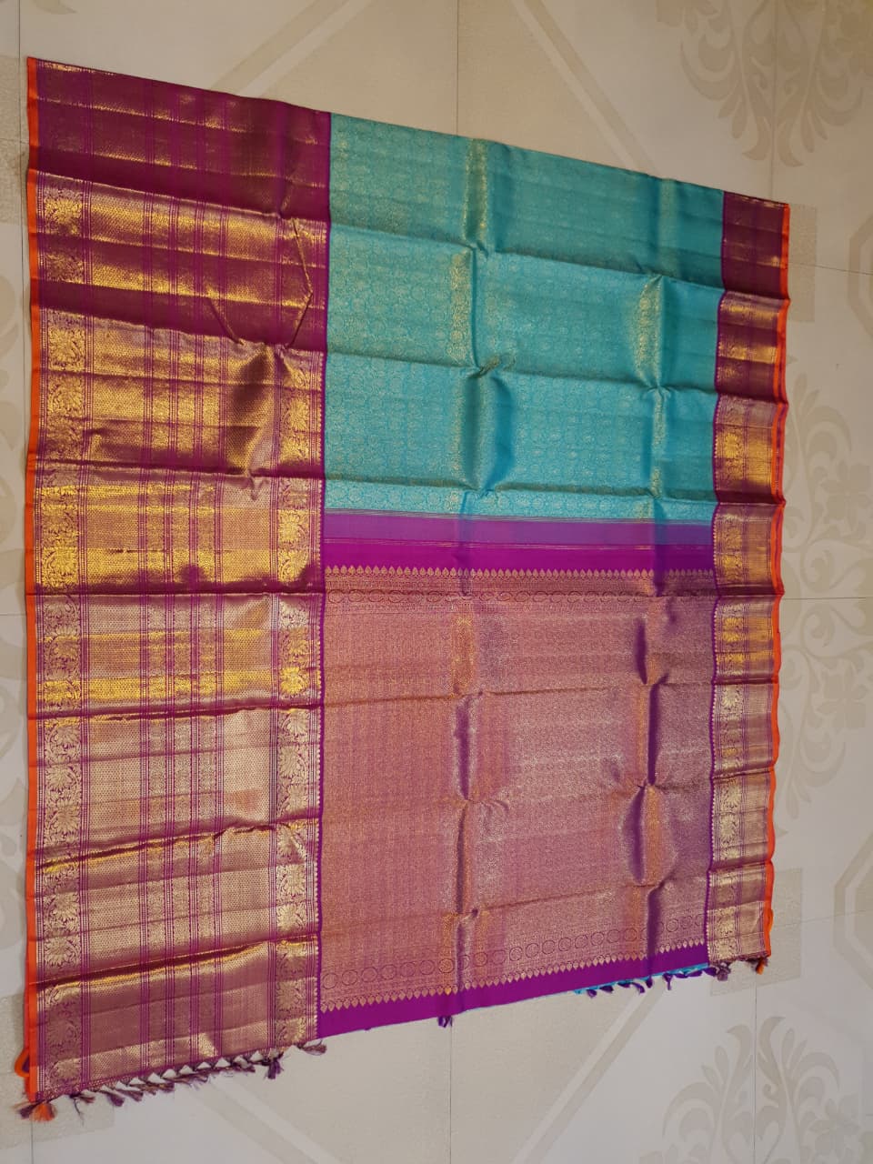 Havgrøn Kanchipuram Håndvæv 2G Guld Pattu Silk Saree