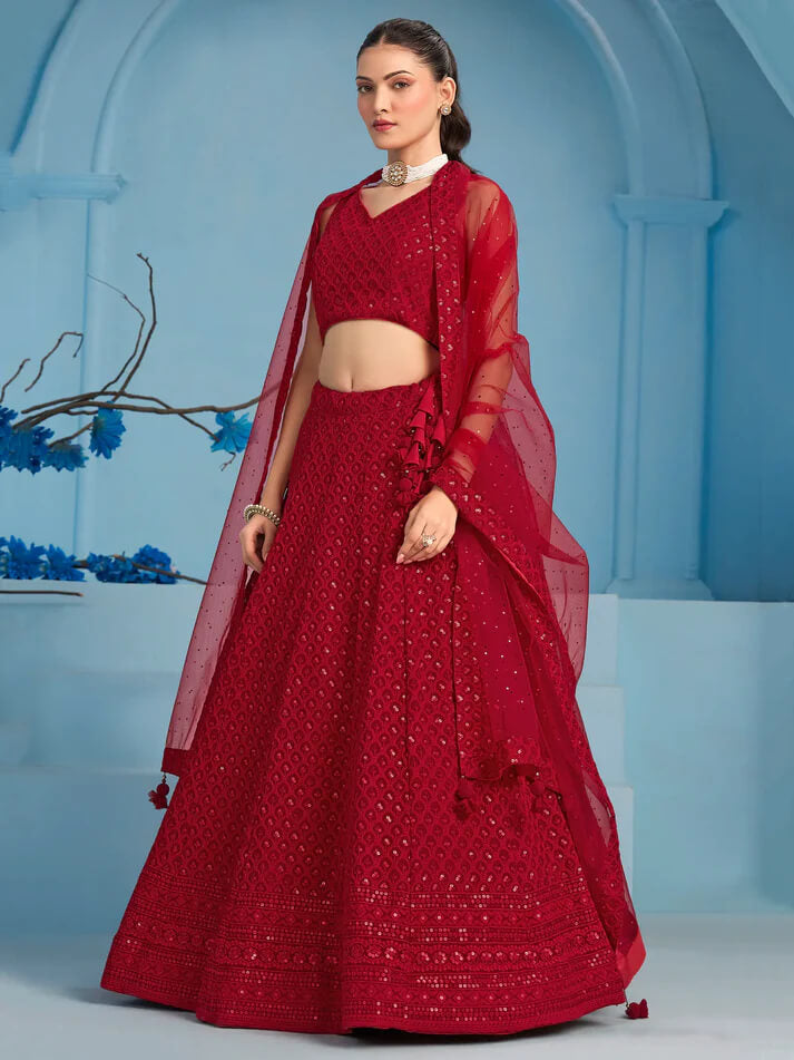 Red Party Wear Lehenga with Sequins & Dupatta