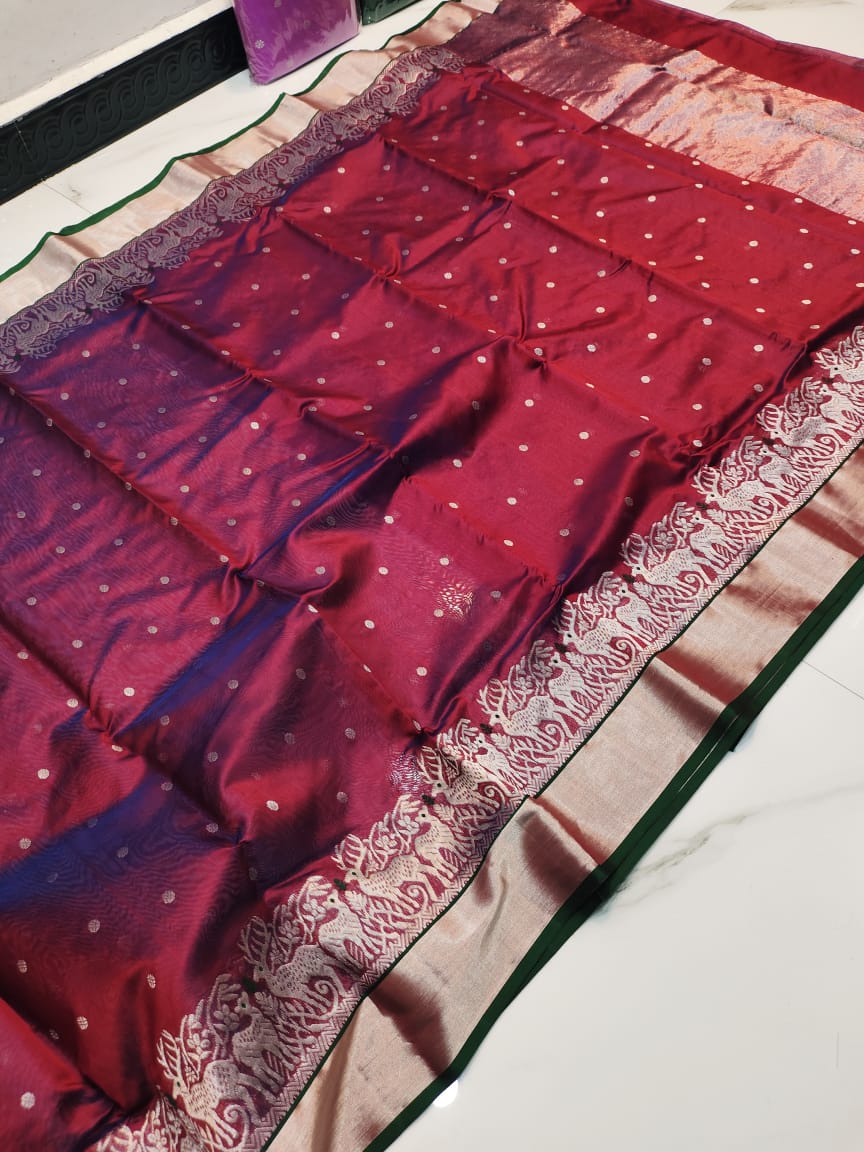 Maroon Chanderi Handloom Pattu Silk Handwork Meenakari Saree