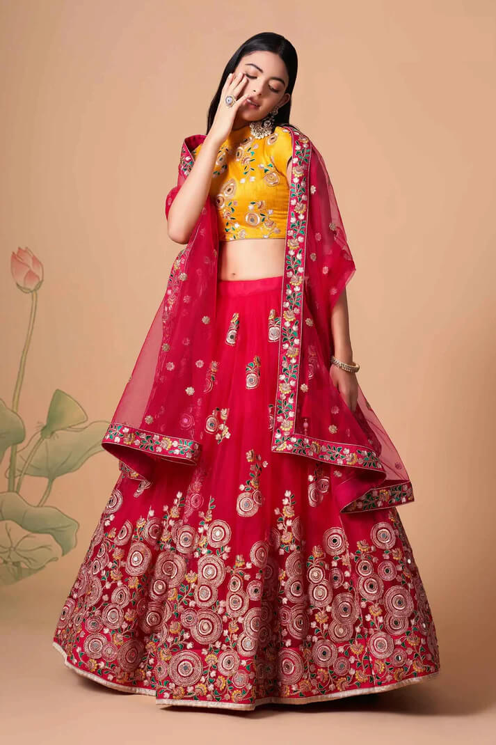 Red Net Lehenga with Zari, Sequins & Mirror Work