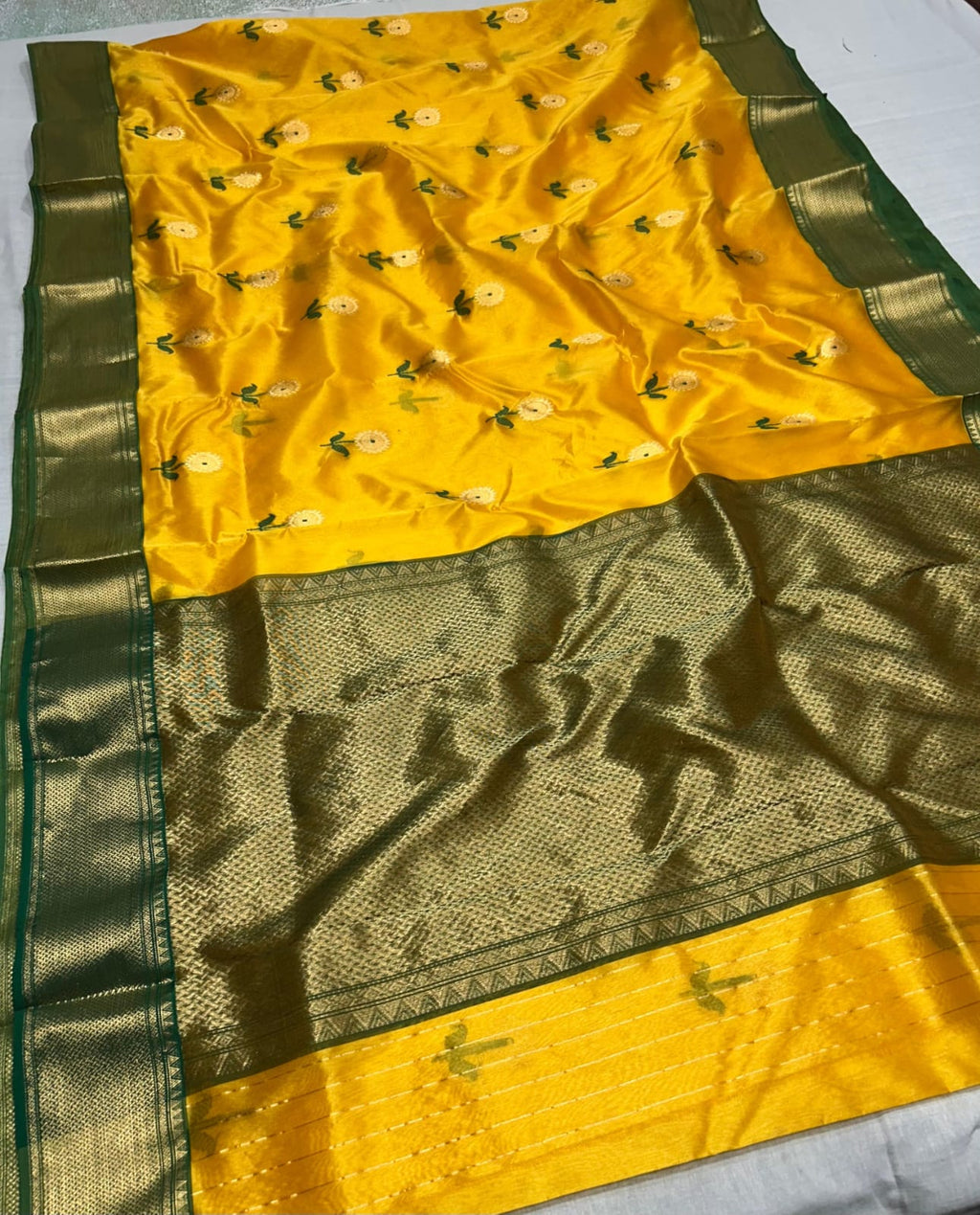 Turmeric Chanderi Handloom Pattu Silk Meenakari Nakshi Saree