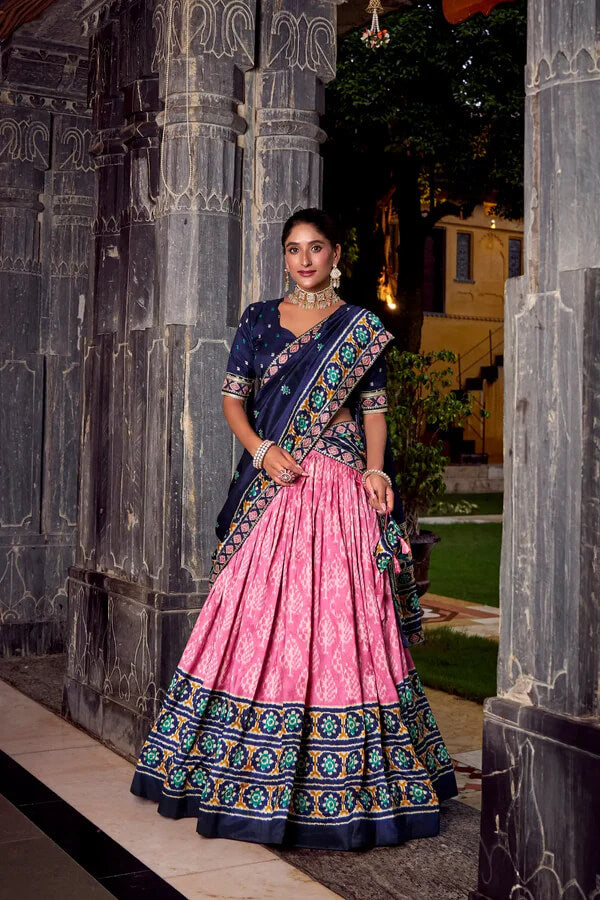 Elegant Light Pink Tussar Silk Lehenga Choli with Ikkat Print