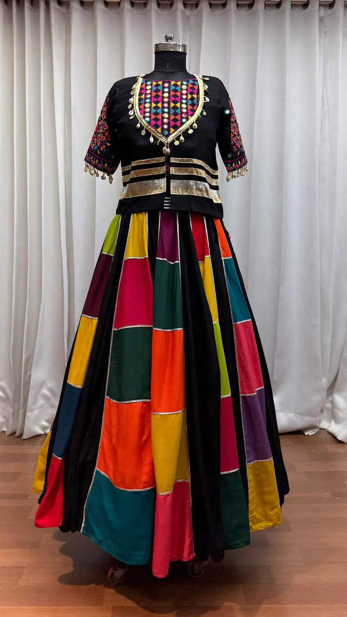 Black Multi Color Patch Work Lehenga with Mirror Jacket