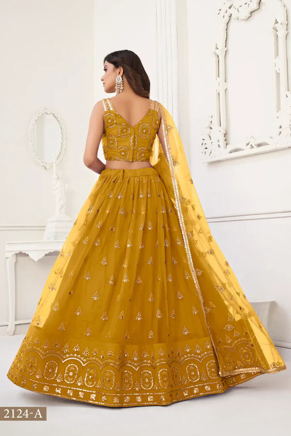Mustard Embroidered Net Lehenga Choli