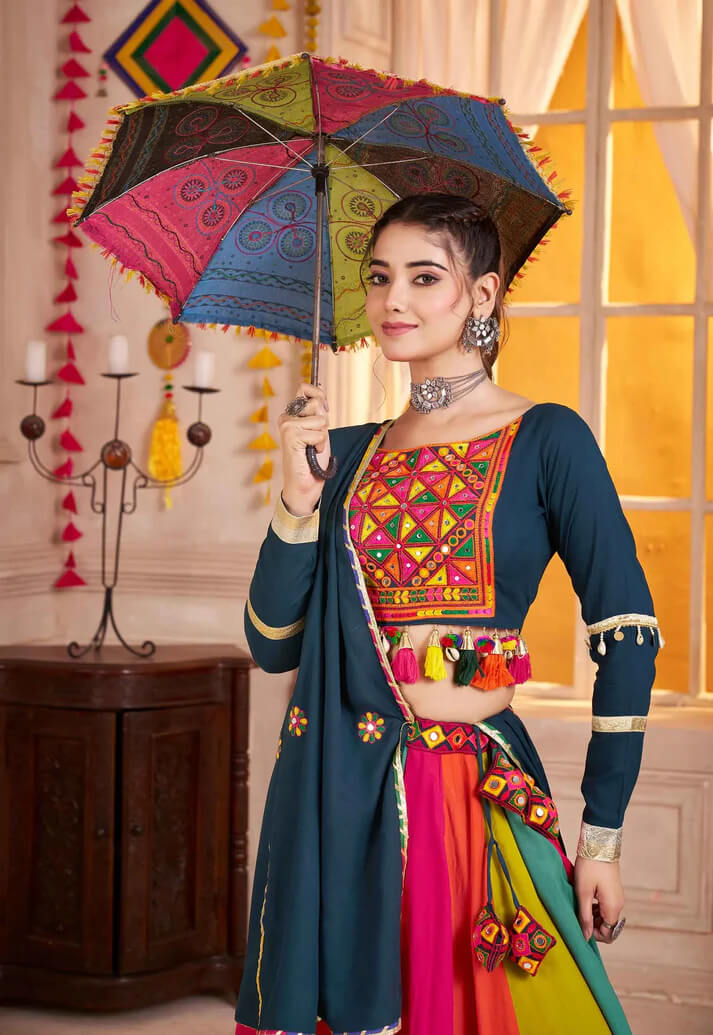 Teal Blue Multi Color Mirror & Thread Work Navratri Lehenga