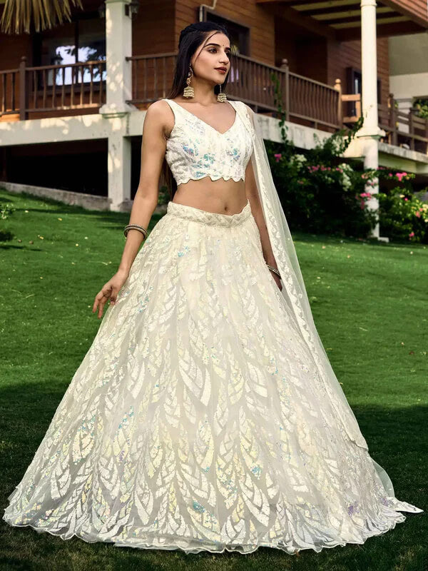 White Soft Net Lehenga with Sequins & Thread Work