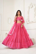 Bright Pink Net Lehenga Choli with Cotton Thread & Sequins Work