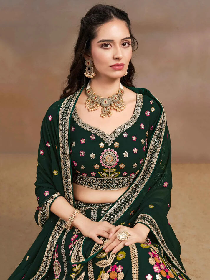 Dark Green Georgette Lehenga with Zari & Sequins Work
